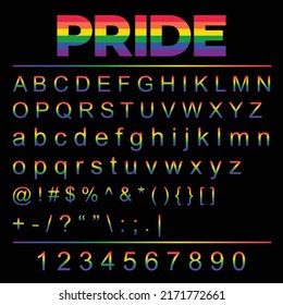 Pride Alphabet Regular Font Colorful Vector. LGBT rainbow flag colors, alphabet letters, and numbers with punctuation marks on a black background.