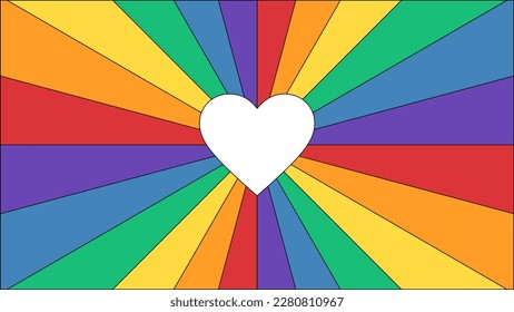 Pride Background with LGBTQ Pride Flag Colours. Rainbow Sunburst Pattern with Love Heart Shape. Retro Gay Pride Wallpaper for Pride Month. Vector Illustration.