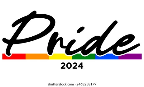 Pride banner on a script letter written with a line with the colors of the LGBTIQ+ flag and the year 2024 with black letters and white background