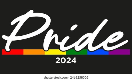 Pride banner on a script letter written with a line with the colors of the LGBTIQ+ flag and the year 2024 with white letters and black background