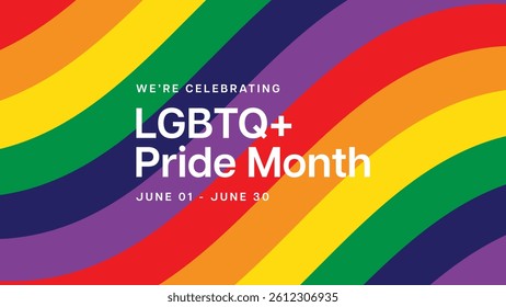 Pride Banner with Rainbow Striped Background and LGBTQ+ Pride Month Text. Pride Flag Rainbow Colors Background. Vector Illustration for Pride Month