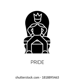 Pride black glyph icon. Arrogant behaviour, feeling of self importance silhouette symbol on white space. High minded, haughty temperament. Proud person sitting on throne vector isolated illustration