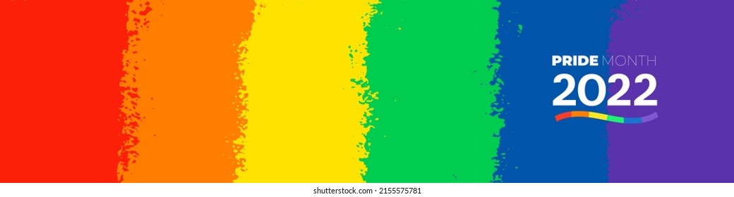 Pride brush stroke background with 2022 LGBTQ Pride flag colours. Vector banner logo lgbtq 2022 pride month with rainbow heart. Symbol of pride month june support. Isolated on white background.