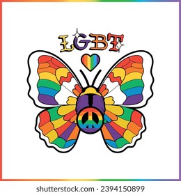 Pride Butterfly vector. Old school lgbt tattoo. LGBT Sticker. Freedom concept