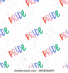 Pride calligraphy lettering logo seamless pattern on white background.