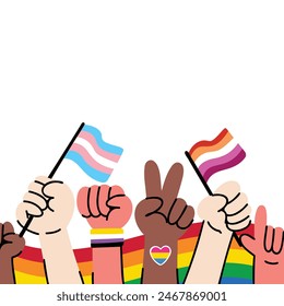 Ilustración vectorial de Celebración del Orgullo. Levantan manos diversas con banderas transgénero y lesbianas