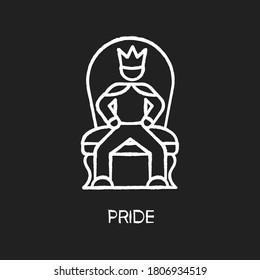 Pride chalk white icon on black background. Arrogant behaviour, feeling of self importance. High minded, haughty temperament. Proud person sitting on throne isolated vector chalkboard illustration