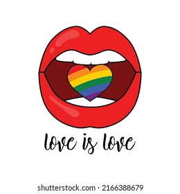 Pride Color heart in mouth Love is love Typography Vector Illustration Design Can Print on t-shirt Poster banners Pride month 