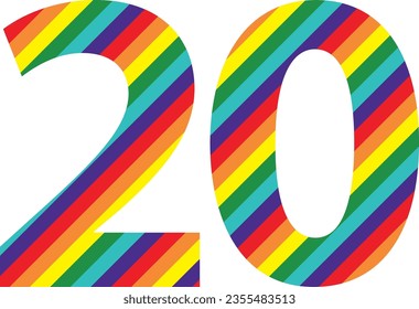 pride color striped number twenty isolated on white background. vector illustration. pride color typically six colors is red, orange, yellow, green, blue, and violet.