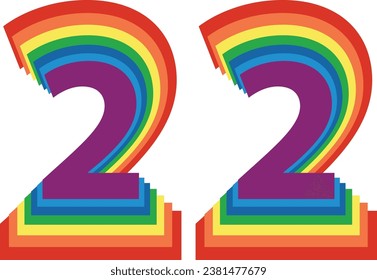 pride colored number twenty two, number twenty two vector illustration, isolated on white background.