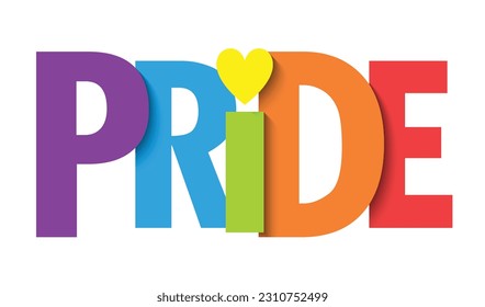 PRIDE colorful vector typography banner with heart symbol in pride flag colors