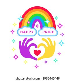 Pride congratulation card. Color rainbow with clouds and sparkles and heart shape made with hands. Vector isolated on white.