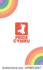 Pride Cymru, August, suitable for social media post, card greeting, banner, template design, print, suitable for event, website, vector illustration, with an illustrated map of Wales.