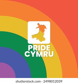 Pride Cymru, August, suitable for social media post, card greeting, banner, template design, print, suitable for event, website, vector illustration, with an illustrated map of Wales.