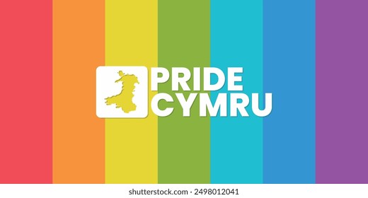 Pride Cymru, August, suitable for social media post, card greeting, banner, template design, print, suitable for event, website, vector illustration, with an illustrated map of Wales.