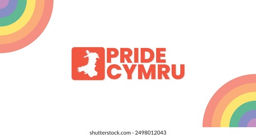 Pride Cymru, August, suitable for social media post, card greeting, banner, template design, print, suitable for event, website, vector illustration, with an illustrated map of Wales.