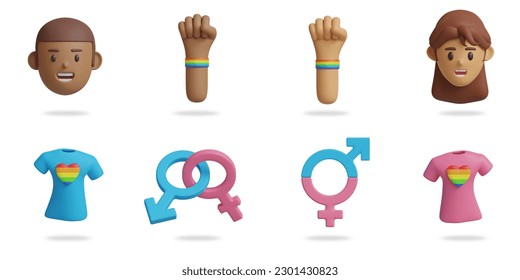 pride day 3D vector icon set.
man and woman head,clenched fist hand,LGBTQ blue shirt,LGBTQ
pink shirt,male female symbol