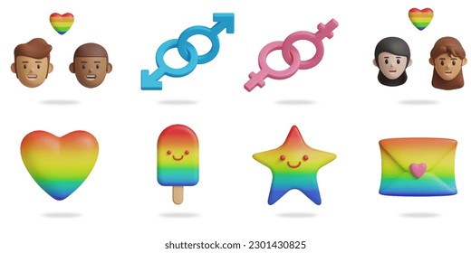 pride day 3D vector icon set.
gay couple,gender symbol gay,gender symbol lesbian,lesbian couple,rainbow heart,popsicle,star,letter