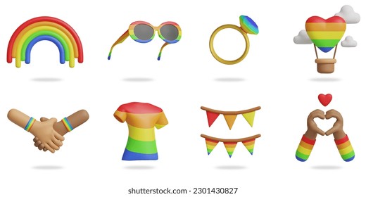 juego de iconos vectoriales 3D de día de orgullo.
arco iris, gafas de sol, anillo, globo, mano de choza, camisa LGBTQ, utensilios de fiesta, mano en forma de corazón