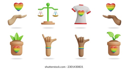 pride day 3D vector icon set.
hand holding heart,judge scale,LGBTQ shirt,LGBTQ plant pot,hand rock music