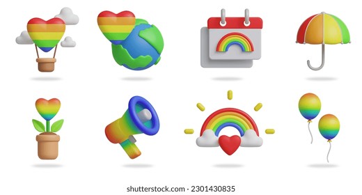 pride day 3D vector icon set.
balloon,heart and globe,calendar,umbella,heart plant pot,speaker,rainbow love,balloons