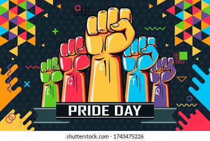 Pride day banner with modern retro abstract background design. Colorful Rainbow LGBT rights campaign. Happy Pride day parade. Love is love. Lesbians, gays, bisexuals, transgenders, queer. Raised fists