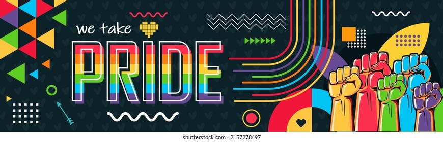 Pride day banner with modern retro abstract background design. Colorful Rainbow LGBT rights campaign. Lesbians, gays, bisexuals, transgenders, queer. Raised fists. LGBTQ community vector illustration.