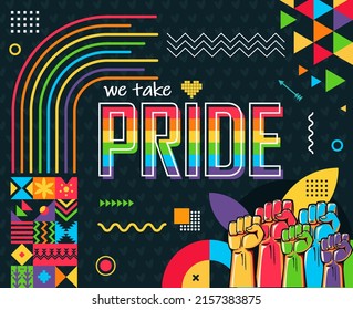 Pride day banner with modern retro abstract background design. Colorful Rainbow LGBTQ rights campaign. Lesbians, gays, bisexuals, transgenders, queer. Raised fists. LGBTQ community vector illustration