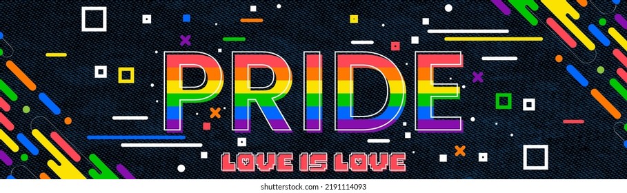 Pride day banner with modern retro abstract background design. Colorful Rainbow LGBT rights campaign. Happy Pride day. Love is love. Lesbians, gays, bisexuals, transgenders, queer.