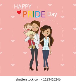 Pride day card with lesbian or lgbt couple and kid , flat vector cartoon isolated with pink heart pattern/background.