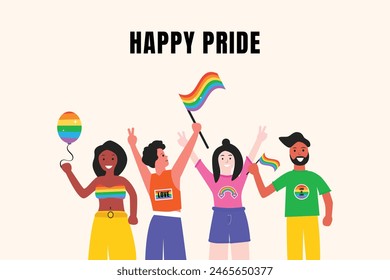 Pride day celebration illustration, banner. LGBT flag. LGBT characters.