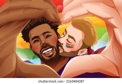 Pride day concept with couple of man making hand heart gesture vector.