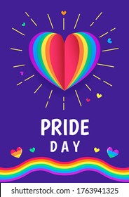 Pride Day greeting card poster vector illustration. Paper art style of Rainbow heart