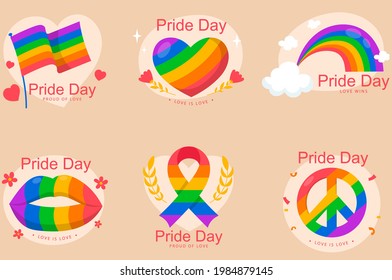 Pride Day Hand dibujó la etiqueta Sticker Colección Colección de colores arcoiris, ilustración vectorial para la comunidad LGBTQ+ en el mes del orgullo. Bandera del orgullo, corazón, paz, arcoiris, amor, apoyo, símbolos de libertad. 