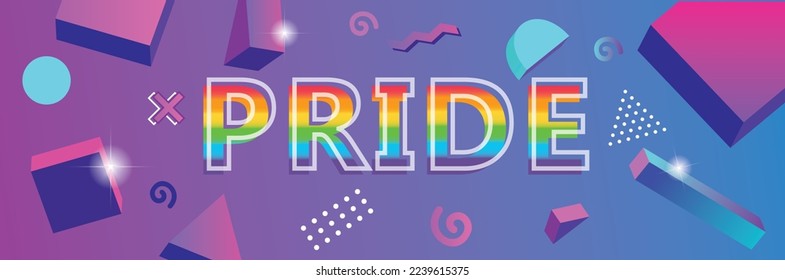 Pride day horizontal banner with 1980's retrowave abstract background design. Colorful Rainbow LGBT rights campaign. Happy Pride day. Memphis shapes. Lesbians, gays, bisexuals, transgenders, queer.