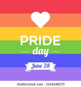 Día del Orgullo. 28 de junio. Fondo rayado. Movimiento LGBT. Concepto de igualdad, diversidad, amor. Ilustración vectorial, diseño plano