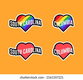 Pride day labels or sticker collection in flat design. South Carolina, Columbia red and rainbow LGBT heart stickers. I love South Carolina, Columbia.
