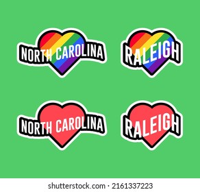 Etiquetas de día de orgullo o colección de stickers en diseño plano. Carolina del Norte, Raleigh rojo y arcoiris pegatinas de corazón LGBT. Amo Carolina del Norte, Raleigh.