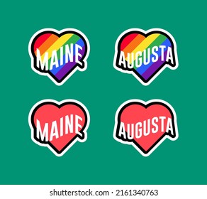 Pride day labels or sticker collection in flat design. Maine, Augusta red and rainbow LGBT heart stickers. I love Maine, Augusta. T-shirt design vector.