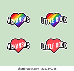 Pride day labels or sticker collection in flat design. Arkansas, Little Rock red and rainbow LGBT heart stickers. I love Arkansas, Little Rock. T-shirt design vector.