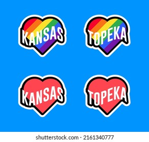 Pride day labels or sticker collection in flat design. Kansas, Topeka red and rainbow LGBT heart stickers. I love Kansas, Topeka. T-shirt design vector.