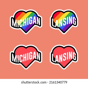 Etiquetas de día de orgullo o colección de stickers en diseño plano. Michigan, Lansing red y rainbow LGBT Hearkers. Me encanta Michigan, Lansing. Vector de diseño de camisetas.