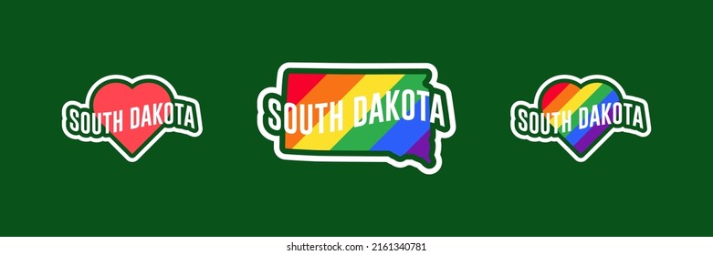 Hochwertige Tagetiketten oder Aufkleberkollektion in flachem Design. South Dakota Rot und Regenbogen LGBT Herz-Aufkleber. Ich liebe South Dakota. T-Shirt-Design-Vektorgrafik.