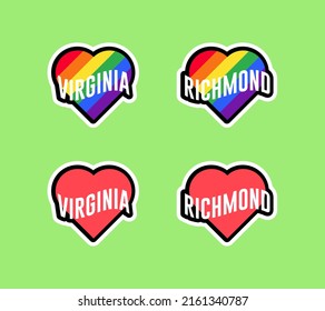 Pride day labels or sticker collection in flat design. Virginia, Richmond red and rainbow LGBT heart stickers. I love Virginia, Richmond. T-shirt design vector.