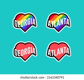 Pride Day Labels Or Sticker Collection In Flat Design. Georgia, Atlanta Red And Rainbow LGBT Heart Stickers. I Love Georgia, Atlanta. T-shirt Design Vector.