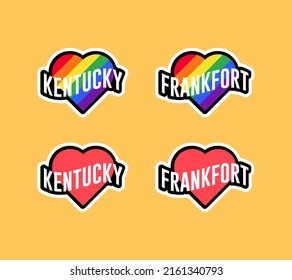 Etiquetas de día de orgullo o colección de stickers en diseño plano. Kentucky, pegatinas de corazón Frankfort rojo y arco iris LGBT. Me encanta Kentucky, Frankfort. Vector de diseño de camisetas.
