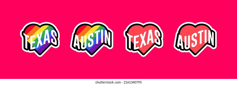 Pride day labels or sticker collection in flat design. Texas, Austin red and rainbow LGBT heart stickers. I love Texas, Austin. T-shirt design vector.
