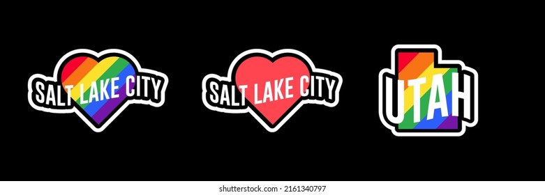 Hochwertige Tagetiketten oder Aufkleberkollektion in flachem Design. Utah, Salt Lake City rot und Regenbogen LGBT Herz-Aufkleber. Ich liebe Utah, Salt Lake City. T-Shirt-Design-Vektorgrafik.