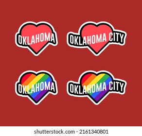 Etiquetas de día de orgullo o colección de stickers en diseño plano. Palabras adhesivas para el corazón LGBT de Oklahoma rojo y arcoiris. Amo a Oklahoma. Vector de diseño de camisetas.