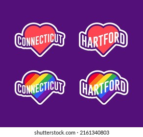 Pride day labels or sticker collection in flat design. Connecticut, Hartford red and rainbow LGBT heart stickers. I love Connecticut, Hartford. T-shirt design vector.